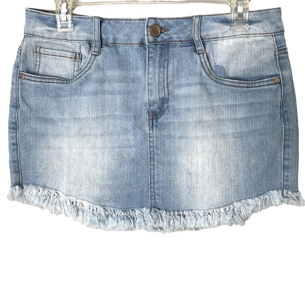 DOLLHOUSE Denim Mini Skirt Frayed Hem 5 Pocket Washed Light Blue Junior Size 11